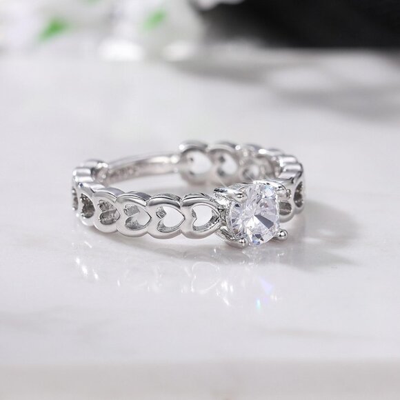 😍Lovely Anillos Hollow Heart Round Cut Moissanite Eternity Ring for Women, K770 - Picture 4 of 10